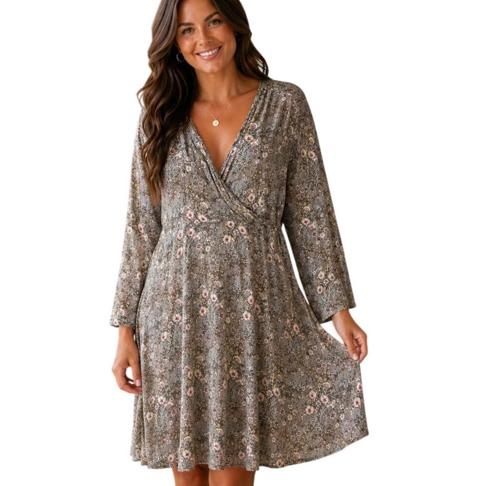 LC Lauren Conrad Midi Dress Womens XXL Gray Floral Long Sleeve Faux Wrap Casual